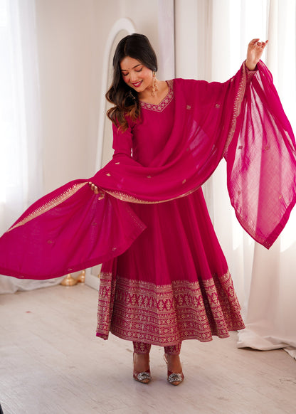 Lorenvalley Fashion Ranipink Vichitra Silk Embroidery Dori and Sequence work Anarkali Gown Pant with Dupatta