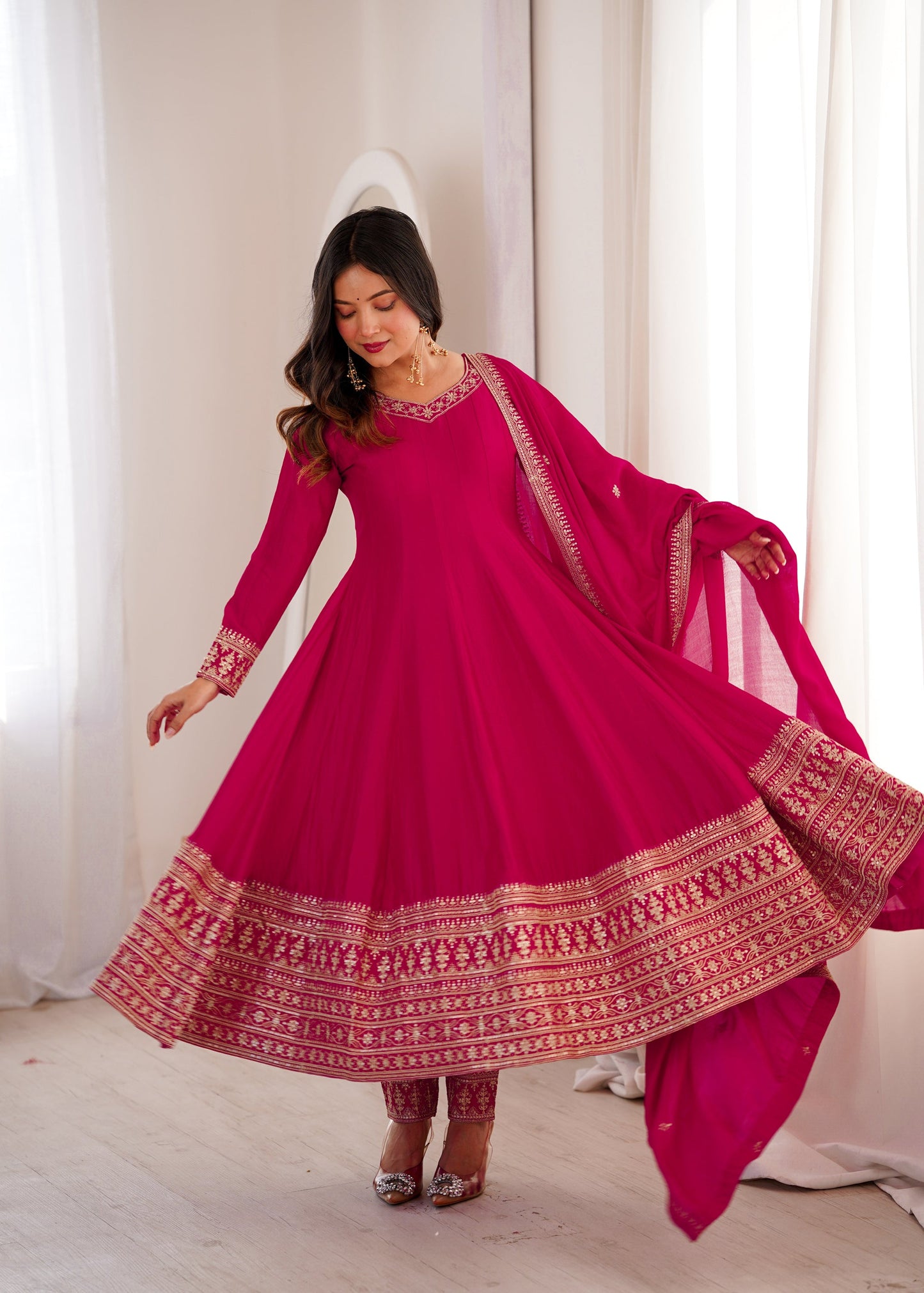 Lorenvalley Fashion Ranipink Vichitra Silk Embroidery Dori and Sequence work Anarkali Gown Pant with Dupatta