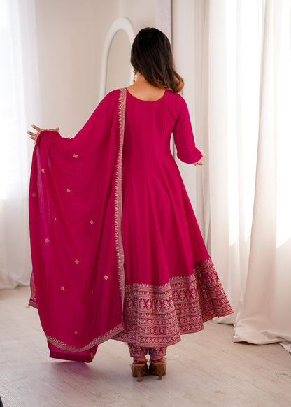 Lorenvalley Fashion Ranipink Vichitra Silk Embroidery Dori and Sequence work Anarkali Gown Pant with Dupatta