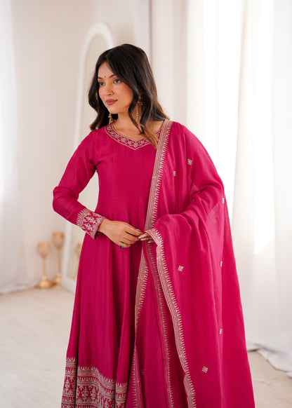 Lorenvalley Fashion Ranipink Vichitra Silk Embroidery Dori and Sequence work Anarkali Gown Pant with Dupatta