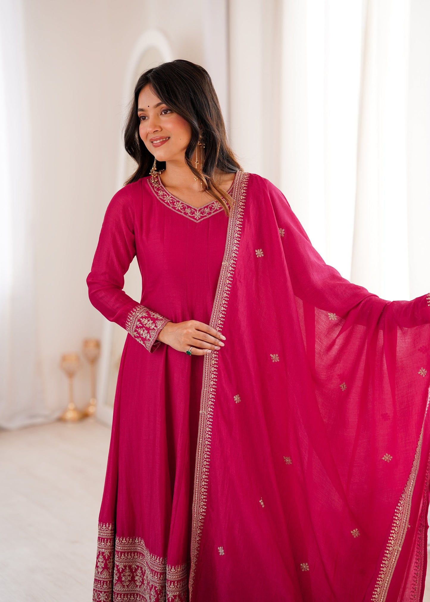 Lorenvalley Fashion Ranipink Vichitra Silk Embroidery Dori and Sequence work Anarkali Gown Pant with Dupatta