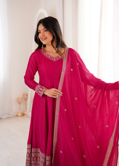 Lorenvalley Fashion Ranipink Vichitra Silk Embroidery Dori and Sequence work Anarkali Gown Pant with Dupatta