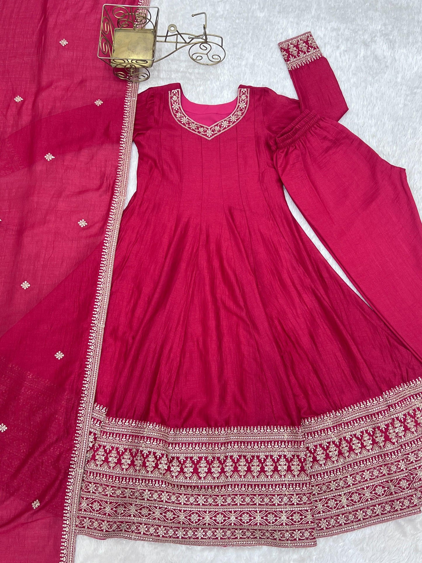 Lorenvalley Fashion Ranipink Vichitra Silk Embroidery Dori and Sequence work Anarkali Gown Pant with Dupatta