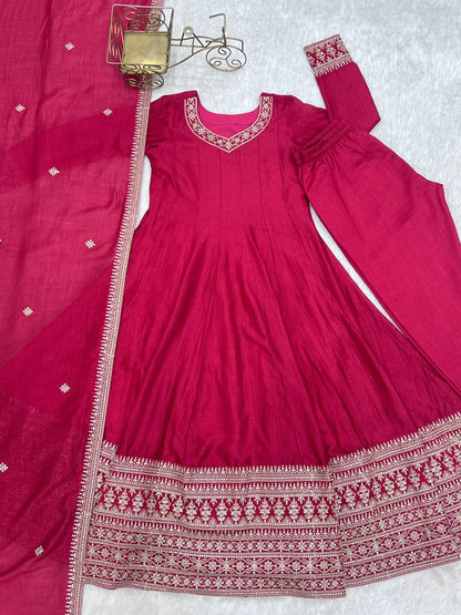 Lorenvalley Fashion Ranipink Vichitra Silk Embroidery Dori and Sequence work Anarkali Gown Pant with Dupatta