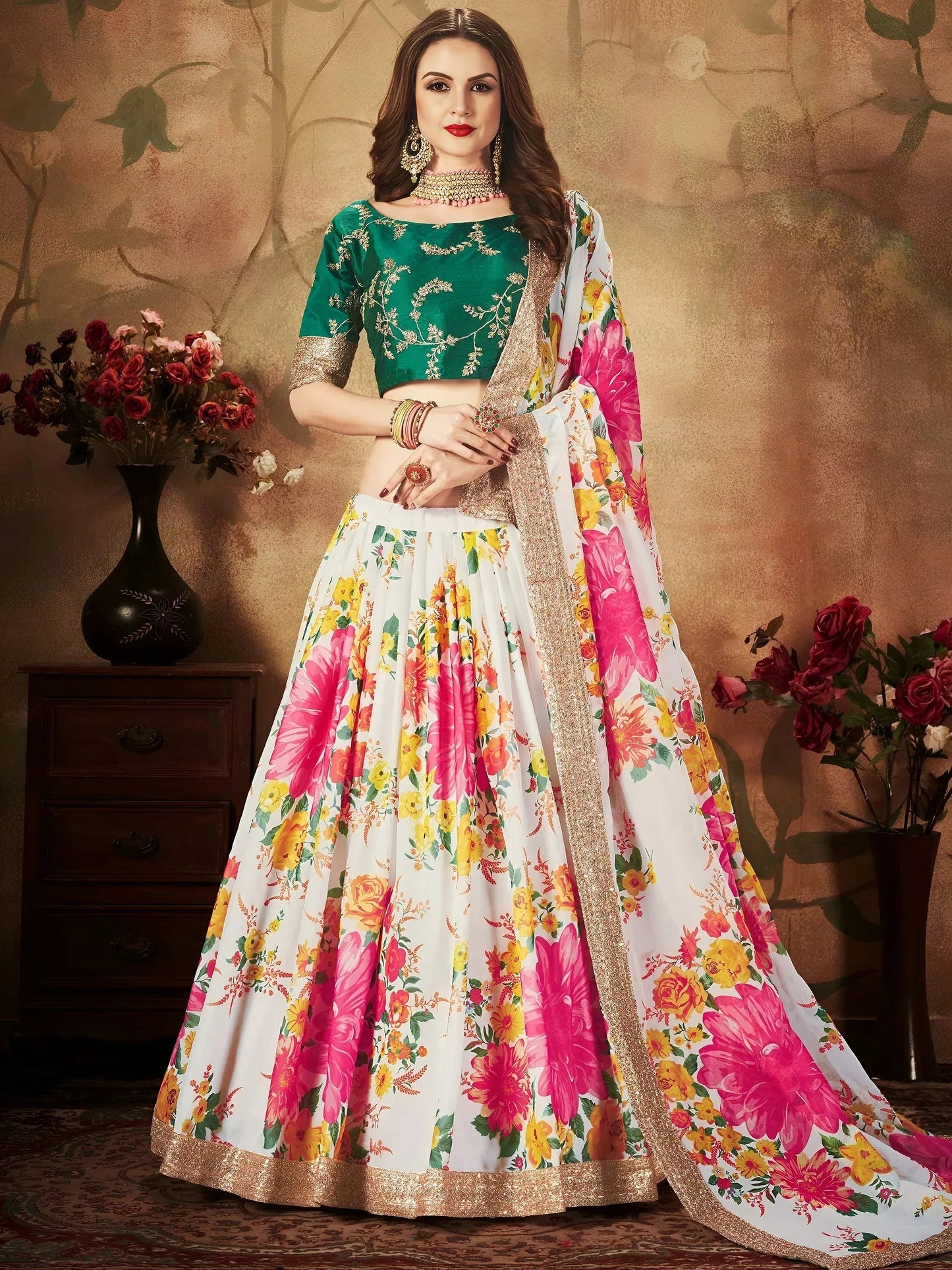 Tulsi Art Cream Floral Digital Printed Organza Bridal Lehenga Choli