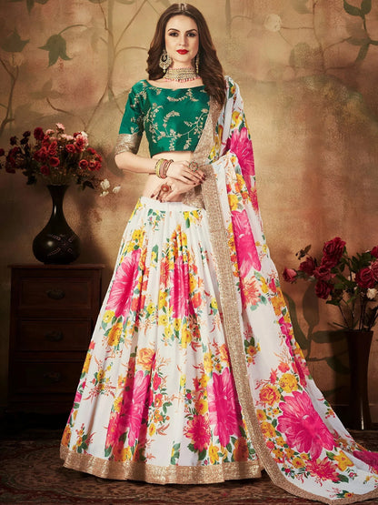 Tulsi Art Cream Floral Digital Printed Organza Bridal Lehenga Choli