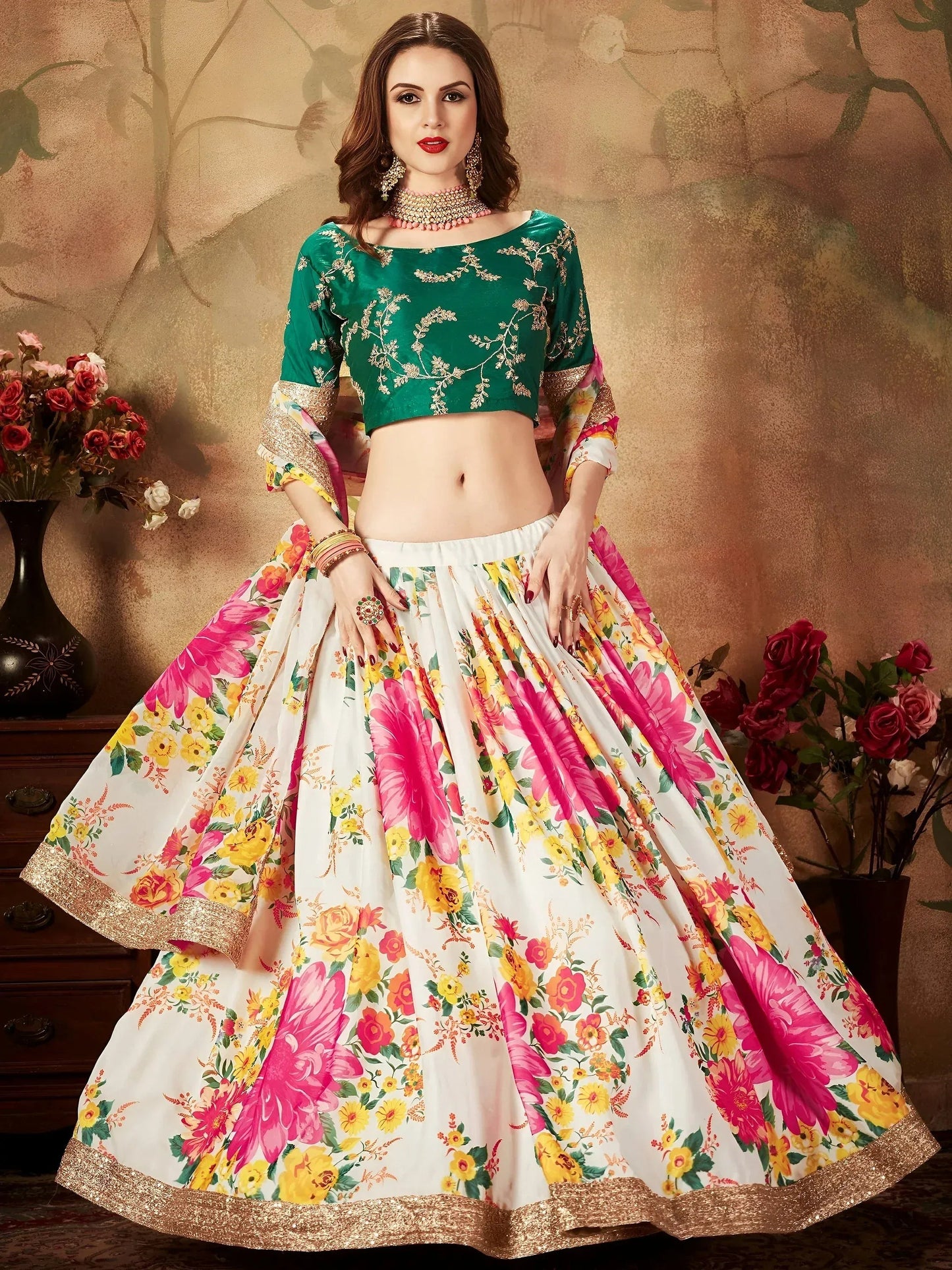 Tulsi Art Cream Floral Digital Printed Organza Bridal Lehenga Choli