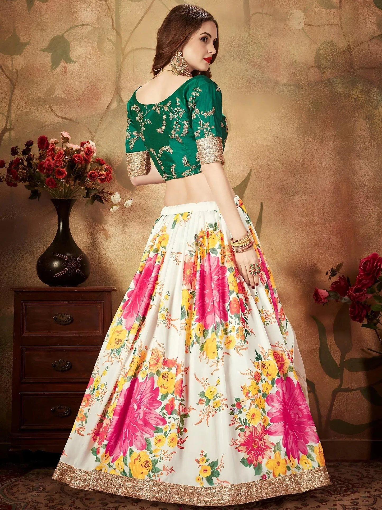 Tulsi Art Cream Floral Digital Printed Organza Bridal Lehenga Choli
