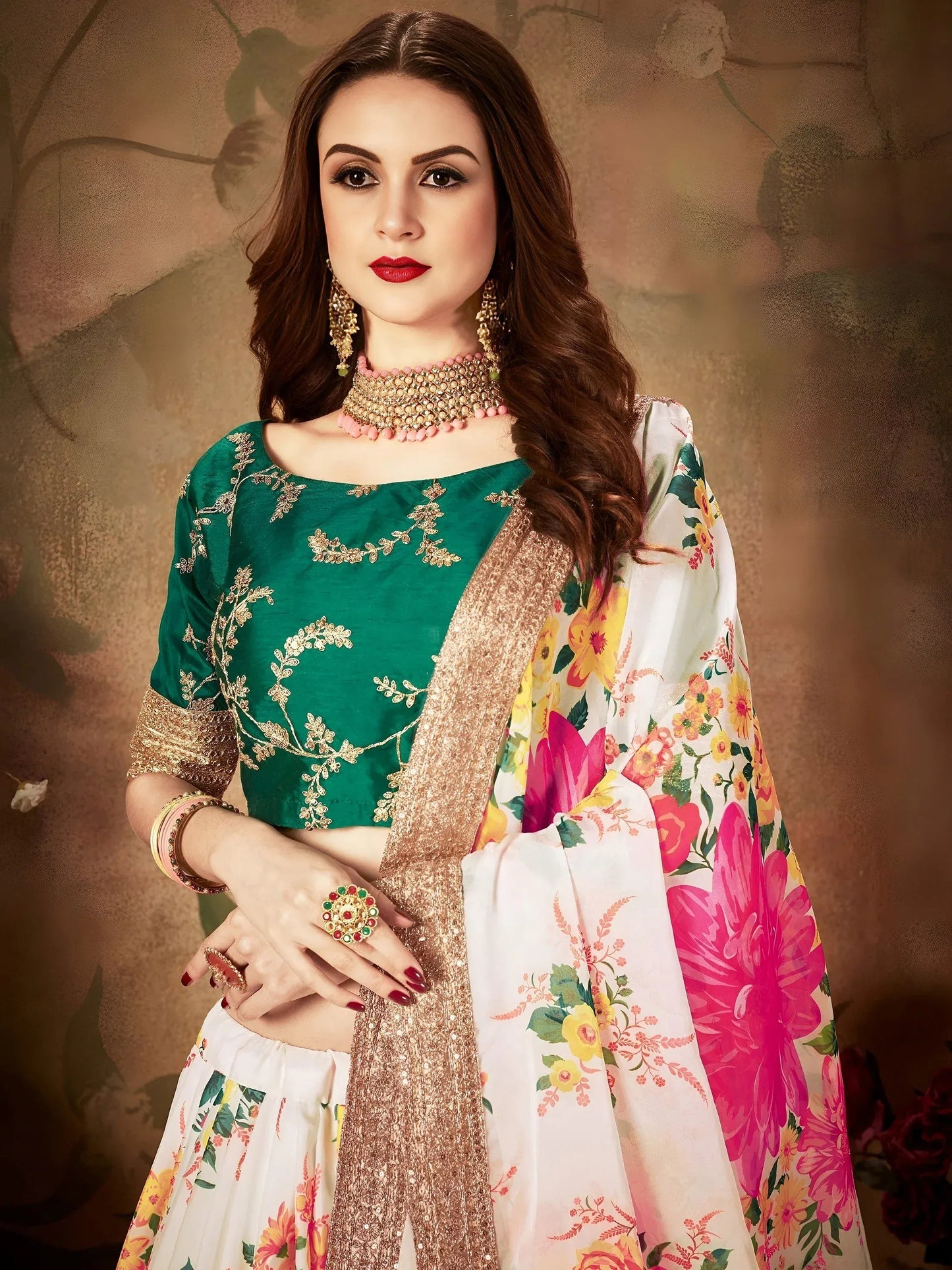 Tulsi Art Cream Floral Digital Printed Organza Bridal Lehenga Choli