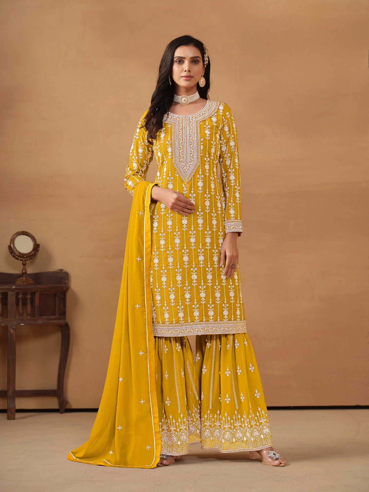 Anaita Yellow Embroidered Faux Georgette Salwar Suit