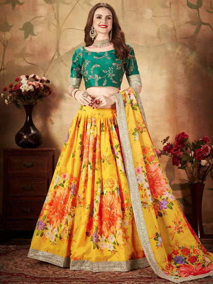 Tulsi Art Yellow-Green Floral Digital Printed Organza Bridal Lehenga Choli