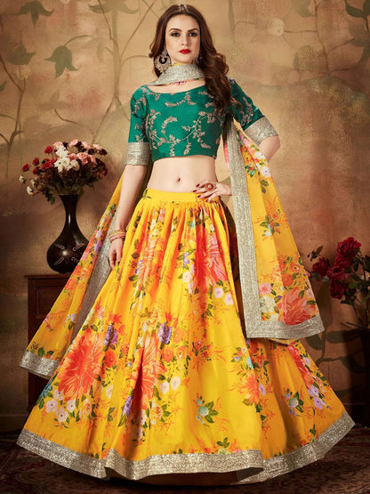 Tulsi Art Yellow-Green Floral Digital Printed Organza Bridal Lehenga Choli