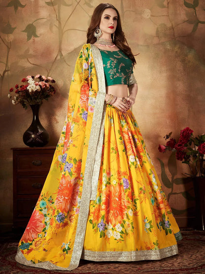 Tulsi Art Yellow-Green Floral Digital Printed Organza Bridal Lehenga Choli