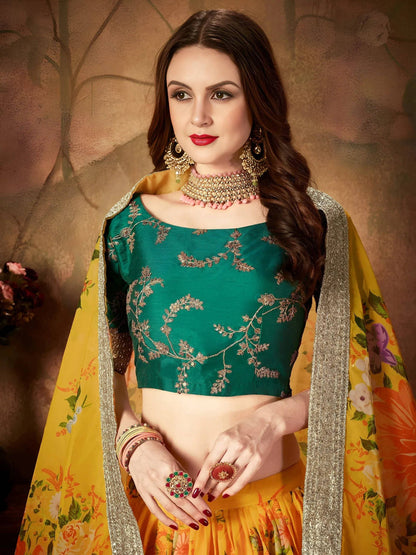 Tulsi Art Yellow-Green Floral Digital Printed Organza Bridal Lehenga Choli