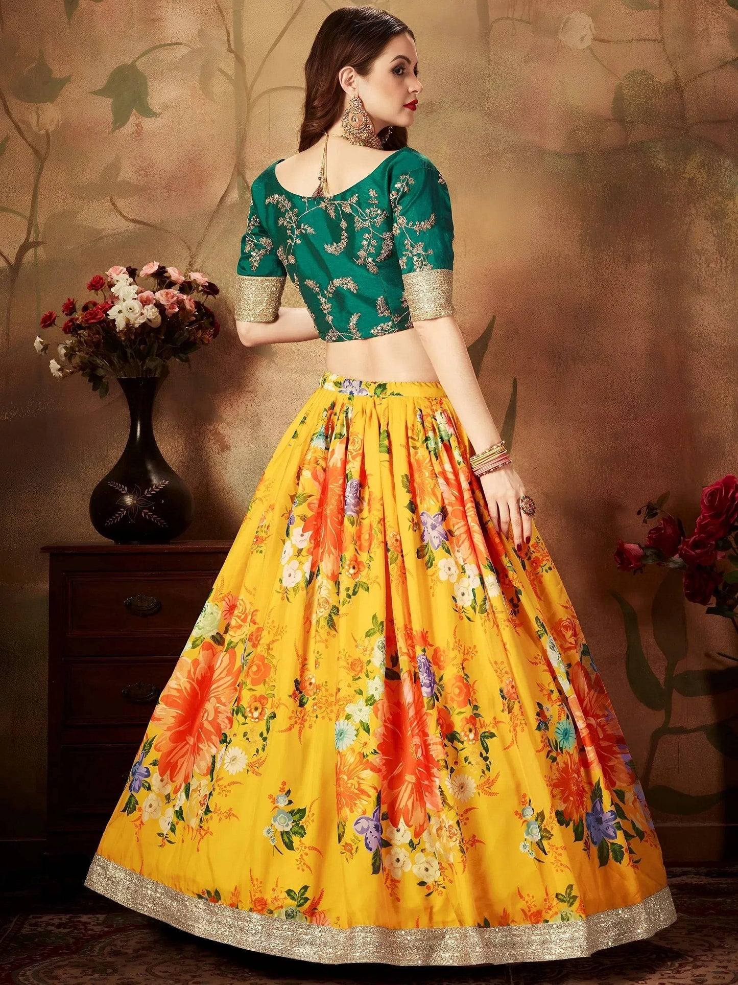 Tulsi Art Yellow-Green Floral Digital Printed Organza Bridal Lehenga Choli