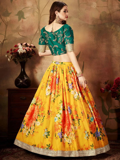 Tulsi Art Yellow-Green Floral Digital Printed Organza Bridal Lehenga Choli