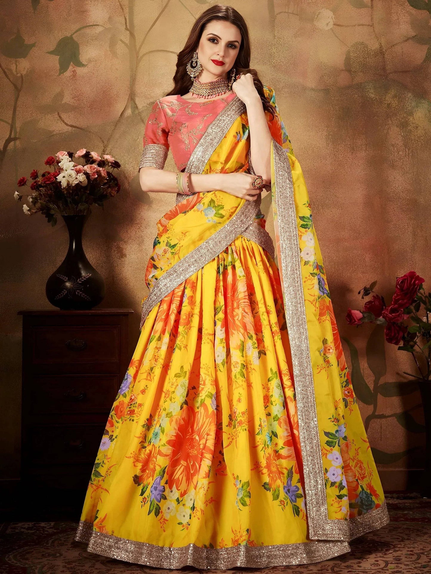 Tulsi Art Yellow-Peach Floral Digital Printed Organza Bridal Lehenga Choli