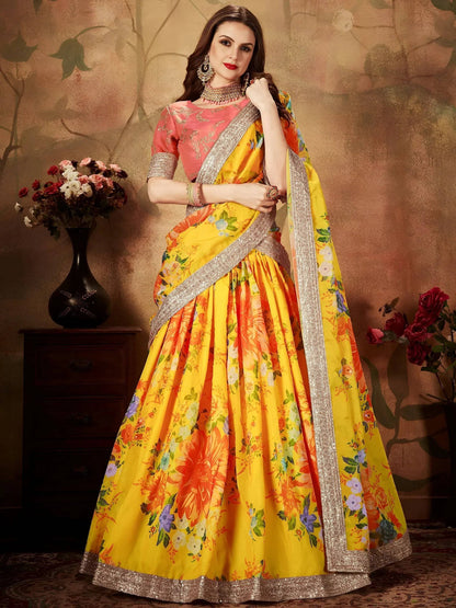Tulsi Art Yellow-Peach Floral Digital Printed Organza Bridal Lehenga Choli