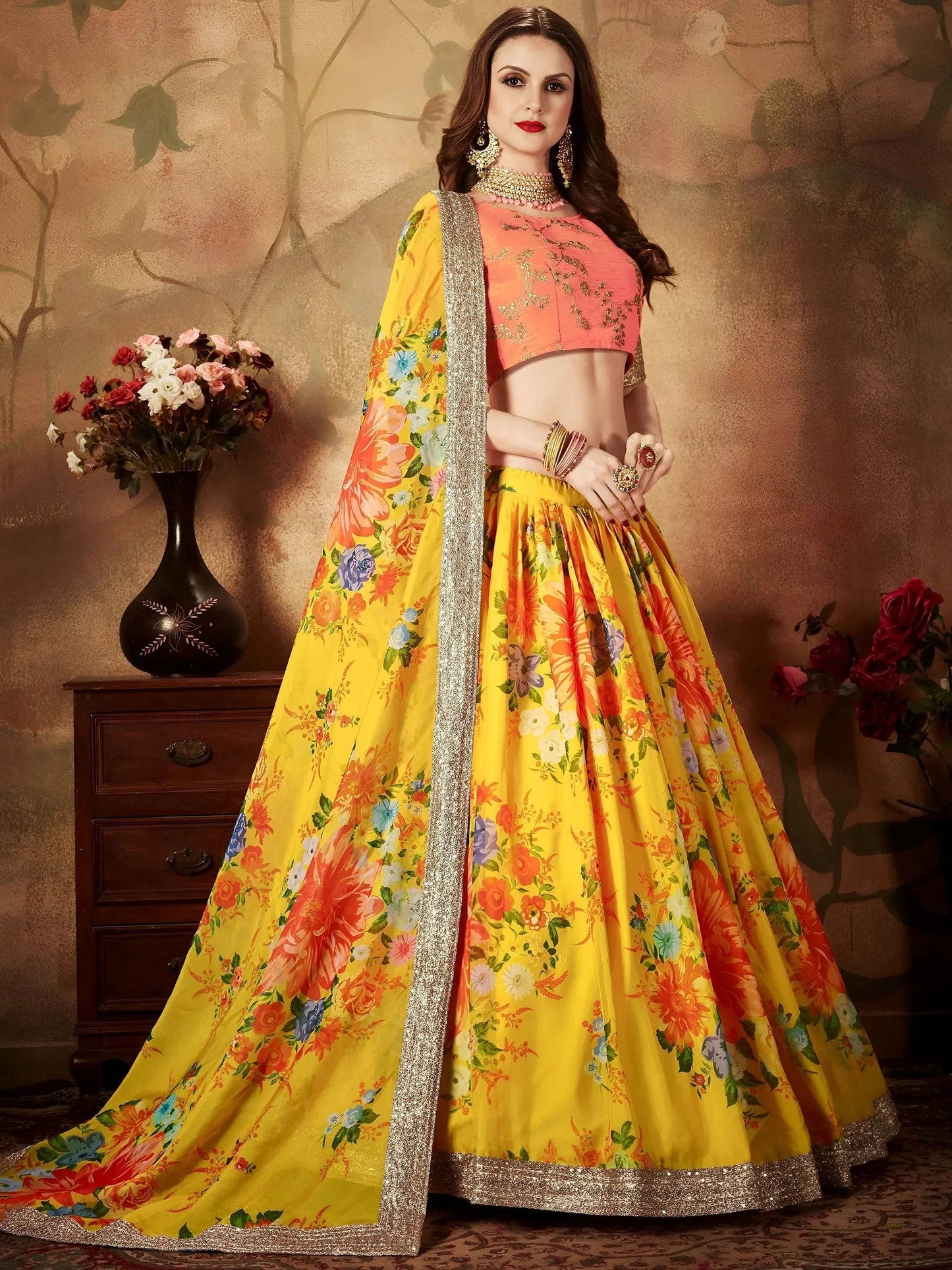 Tulsi Art Yellow-Peach Floral Digital Printed Organza Bridal Lehenga Choli
