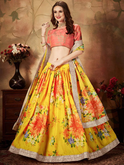 Tulsi Art Yellow-Peach Floral Digital Printed Organza Bridal Lehenga Choli