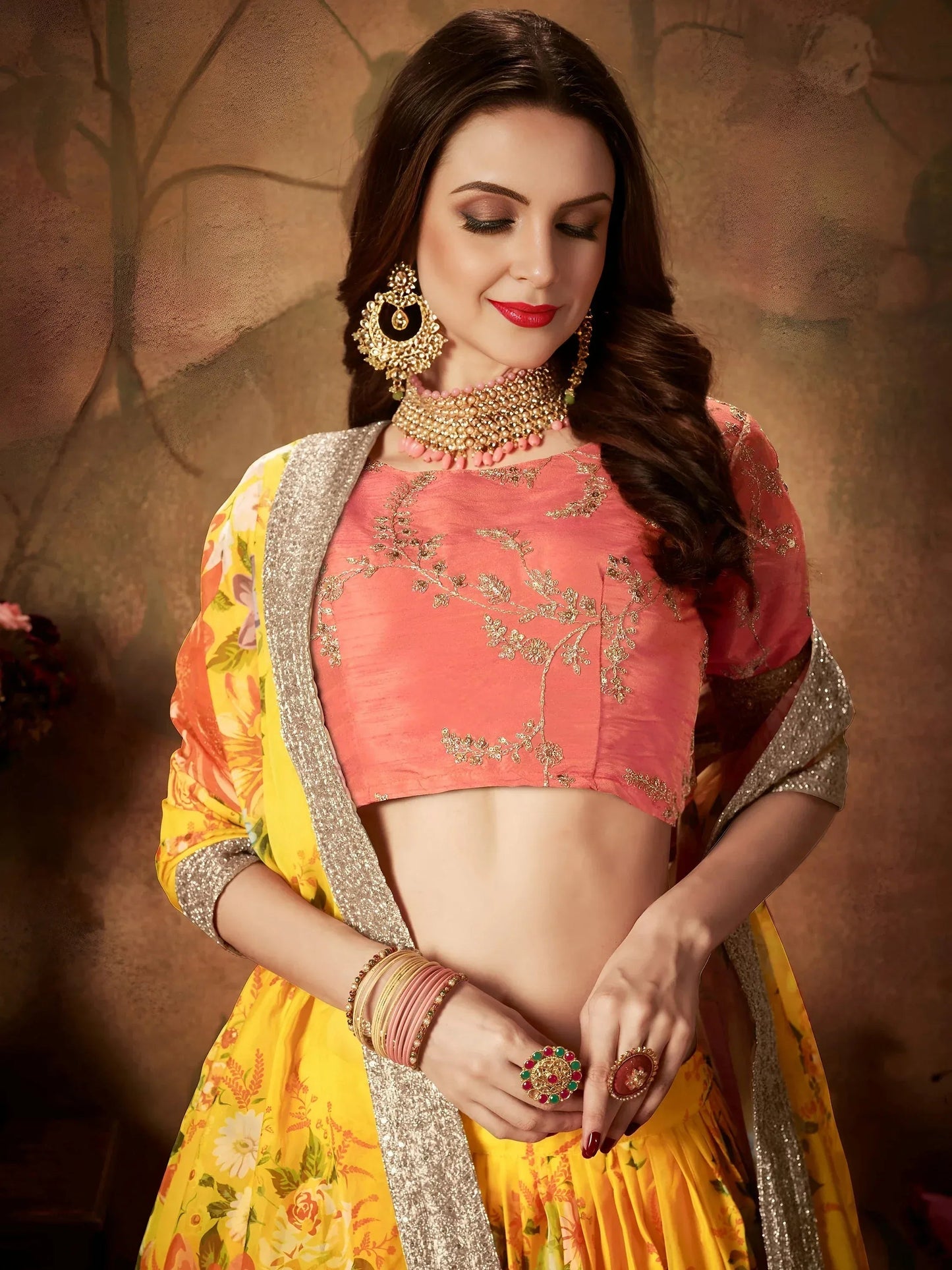 Tulsi Art Yellow-Peach Floral Digital Printed Organza Bridal Lehenga Choli