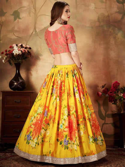 Tulsi Art Yellow-Peach Floral Digital Printed Organza Bridal Lehenga Choli