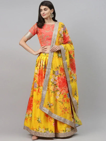 Tulsi Art Yellow & Orange Embroidered Semi-Stitched Myntra Lehenga & Unstitched Blouse With Dupatta