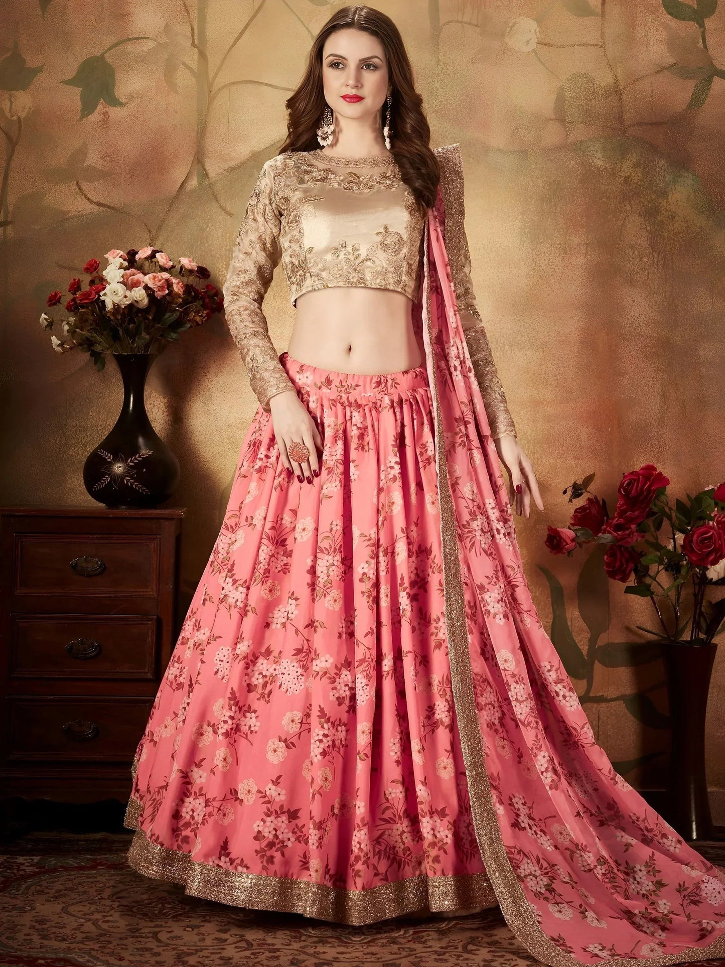 Tulsi Art Pink Floral Digital Printed Organza Wedding Wear Lehenga Choli