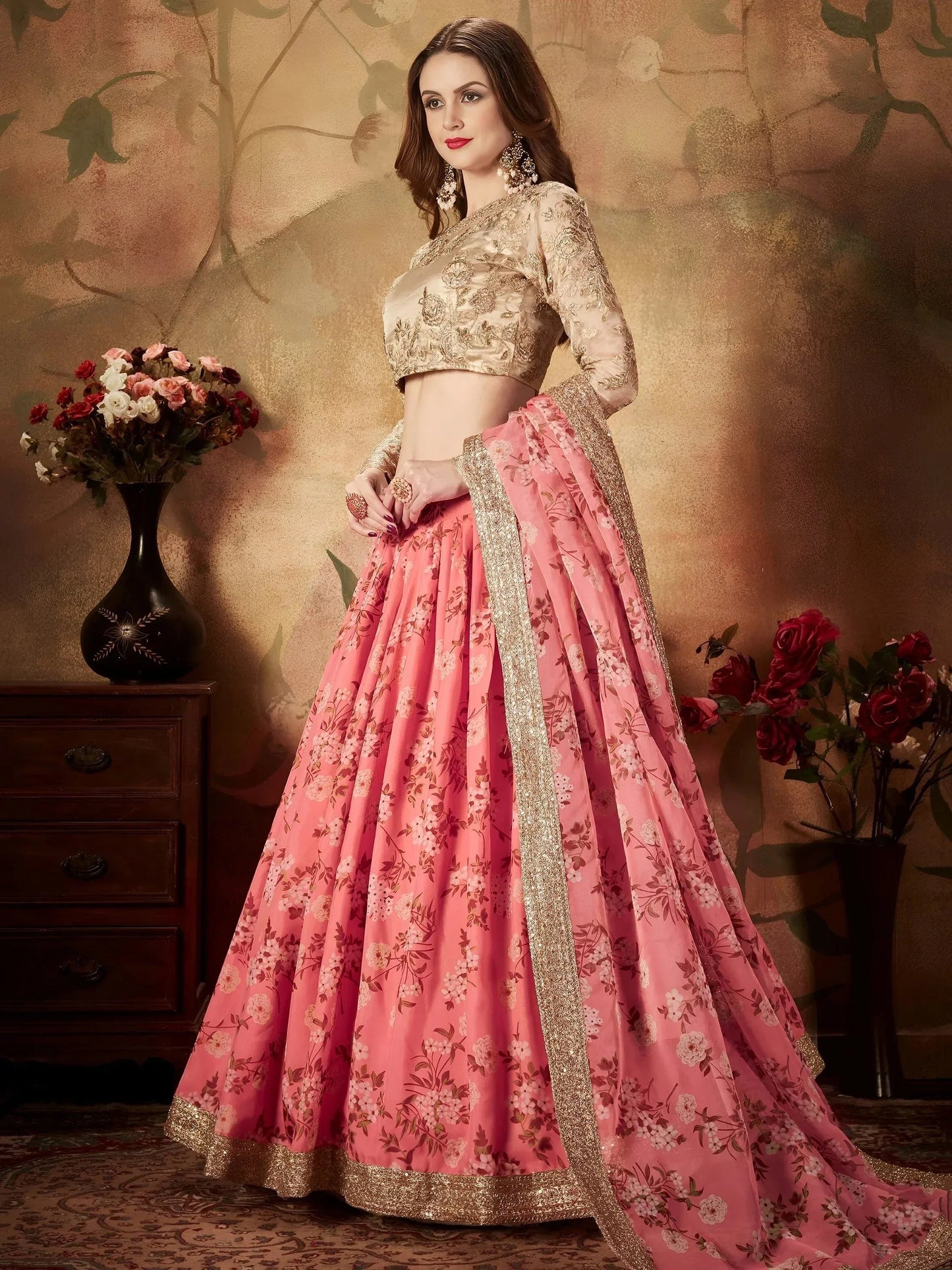 Tulsi Art Pink Floral Digital Printed Organza Wedding Wear Lehenga Choli