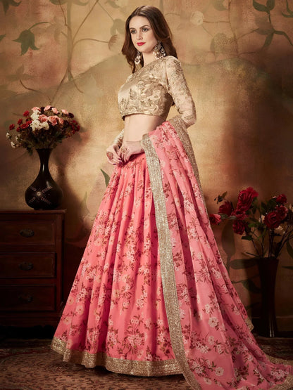 Tulsi Art Pink Floral Digital Printed Organza Wedding Wear Lehenga Choli