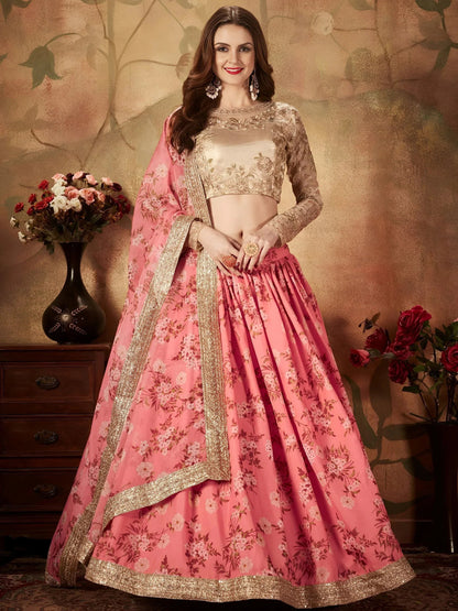 Tulsi Art Pink Floral Digital Printed Organza Wedding Wear Lehenga Choli