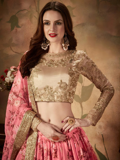 Tulsi Art Pink Floral Digital Printed Organza Wedding Wear Lehenga Choli