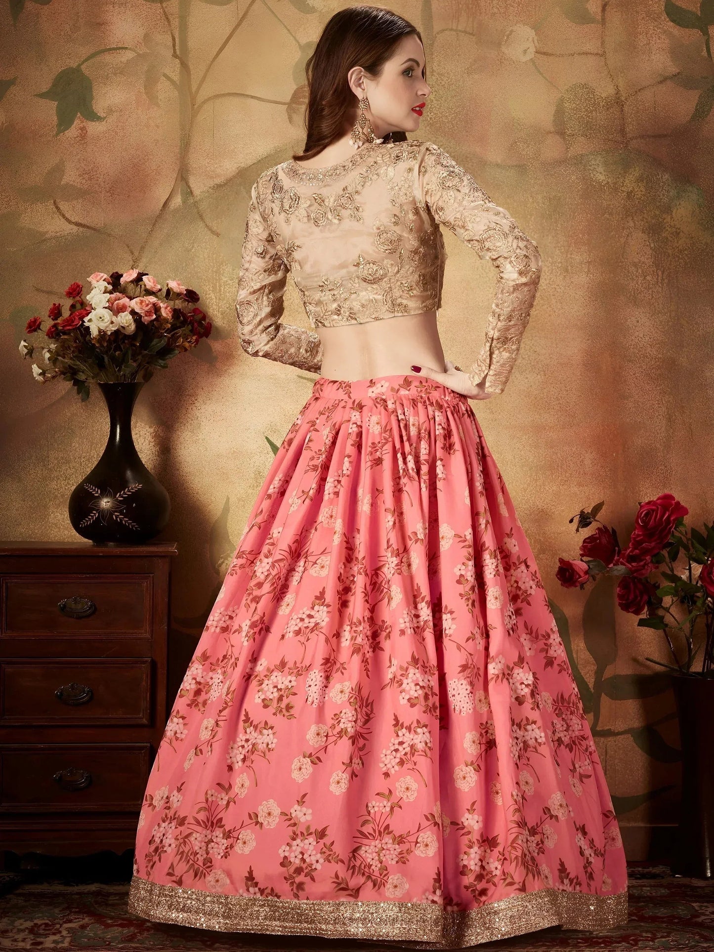 Tulsi Art Pink Floral Digital Printed Organza Wedding Wear Lehenga Choli