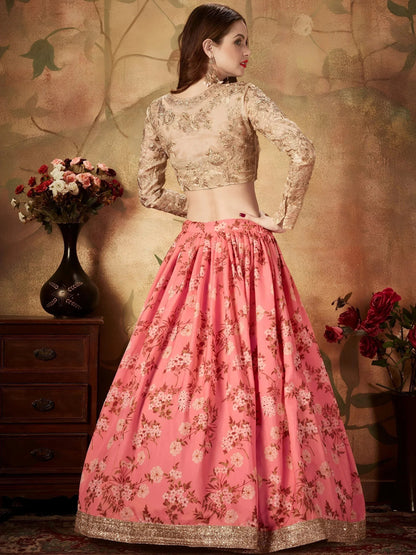 Tulsi Art Pink Floral Digital Printed Organza Wedding Wear Lehenga Choli
