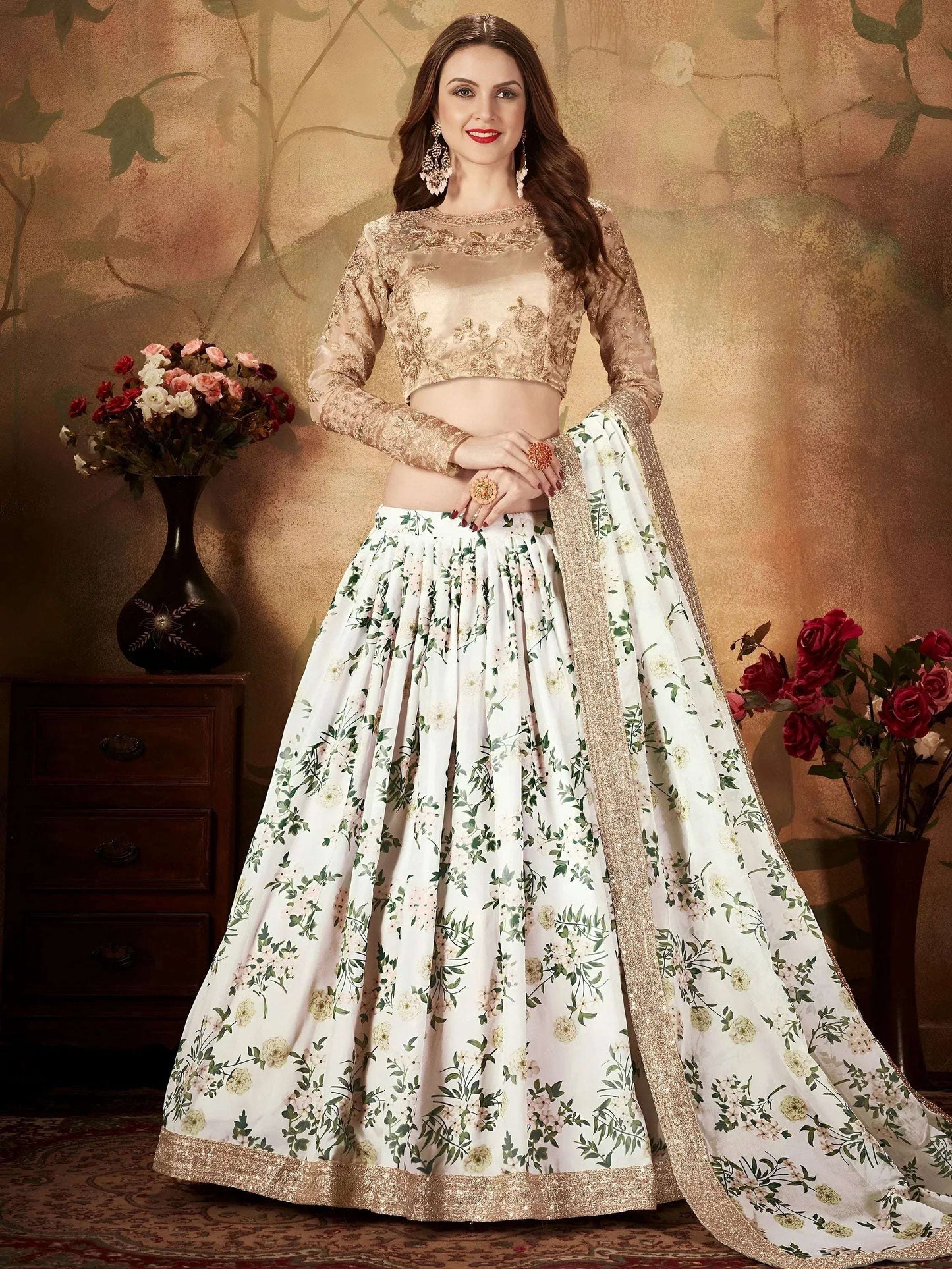 Tulsi Art White Floral Digital Printed Organza Wedding Wear Lehenga Choli