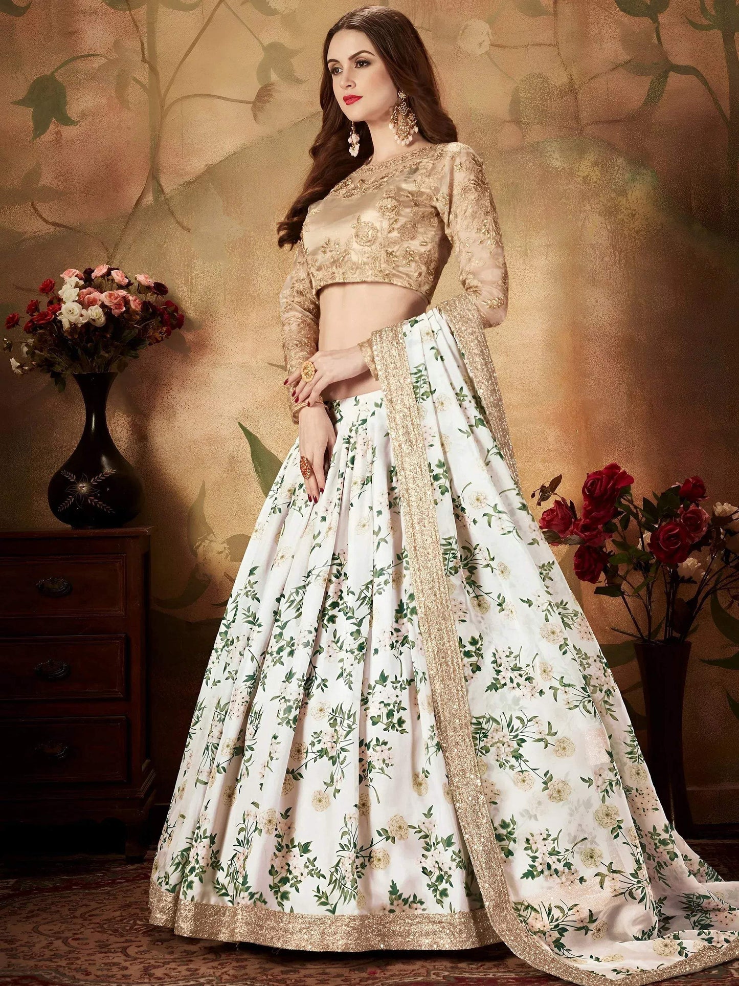 Tulsi Art White Floral Digital Printed Organza Wedding Wear Lehenga Choli