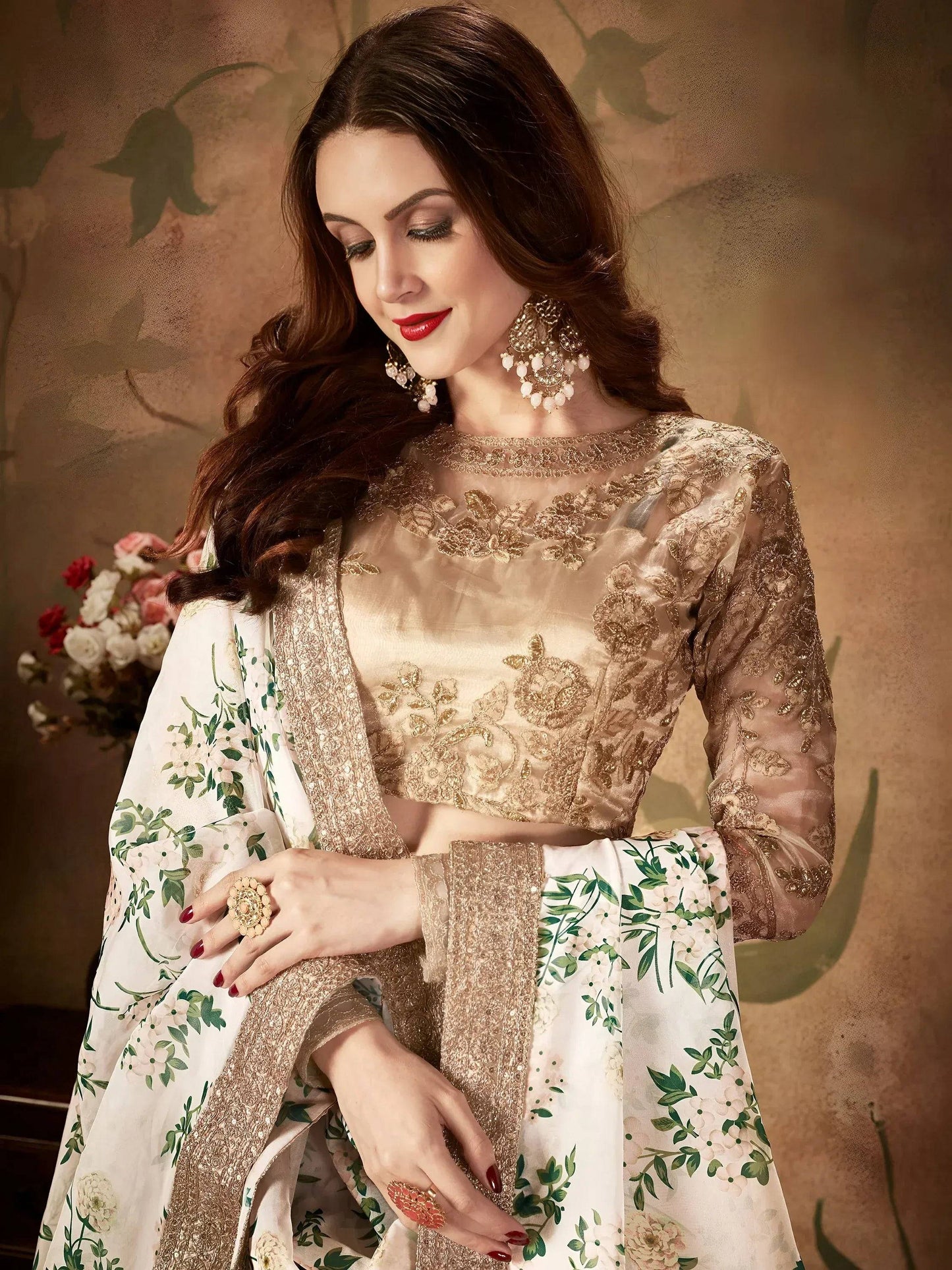 Tulsi Art White Floral Digital Printed Organza Wedding Wear Lehenga Choli