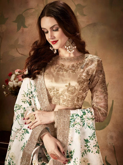Tulsi Art White Floral Digital Printed Organza Wedding Wear Lehenga Choli