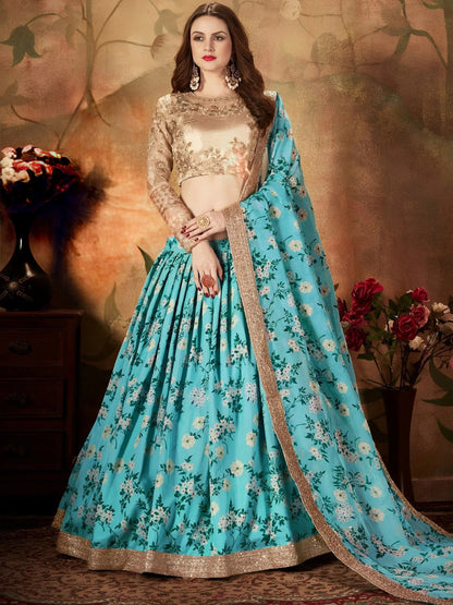 Tulsi Art Sky Blue Floral Digital Printed Organza Wedding Wear Lehenga Choli