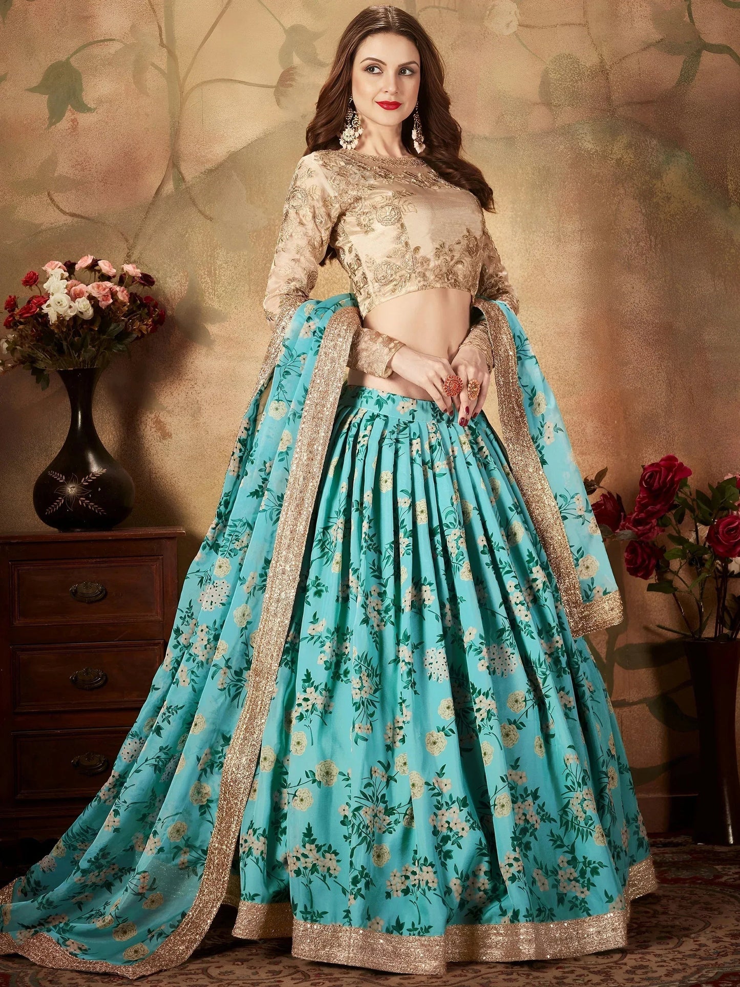 Tulsi Art Sky Blue Floral Digital Printed Organza Wedding Wear Lehenga Choli