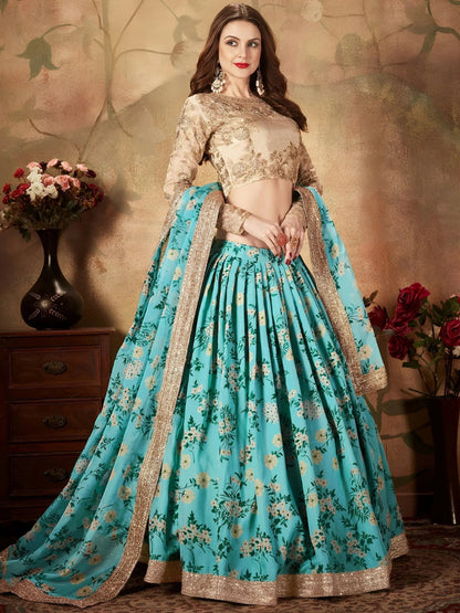Tulsi Art Sky Blue Floral Digital Printed Organza Wedding Wear Lehenga Choli