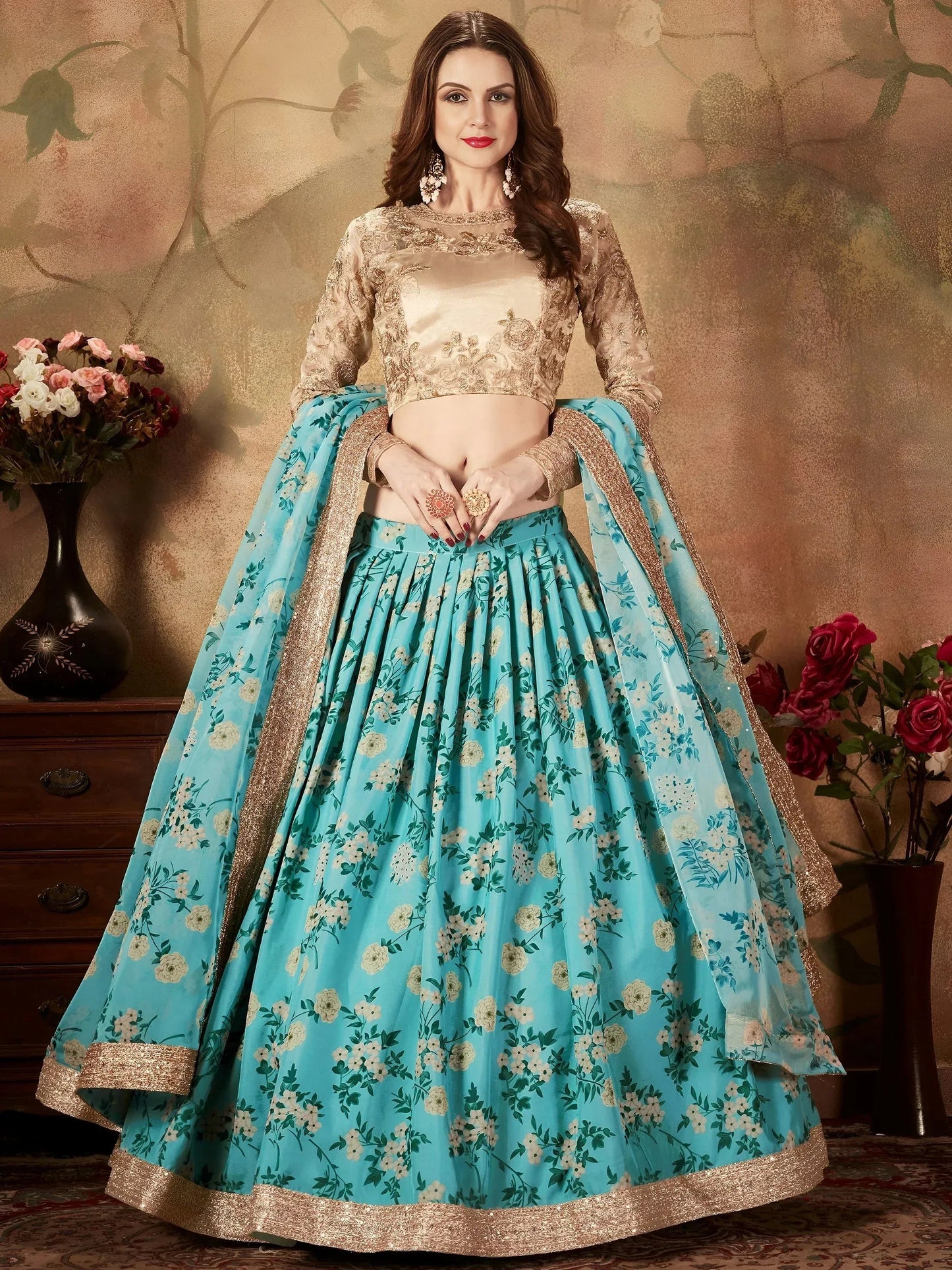 Tulsi Art Sky Blue Floral Digital Printed Organza Wedding Wear Lehenga Choli
