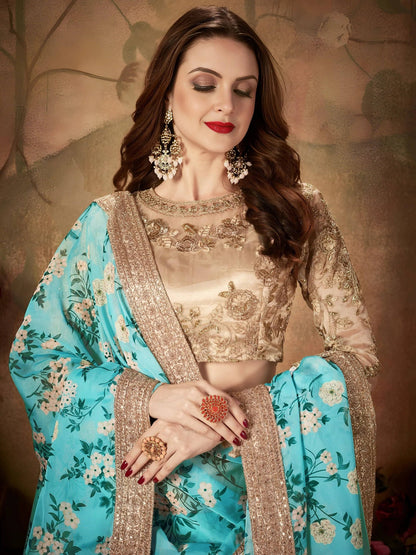 Tulsi Art Sky Blue Floral Digital Printed Organza Wedding Wear Lehenga Choli