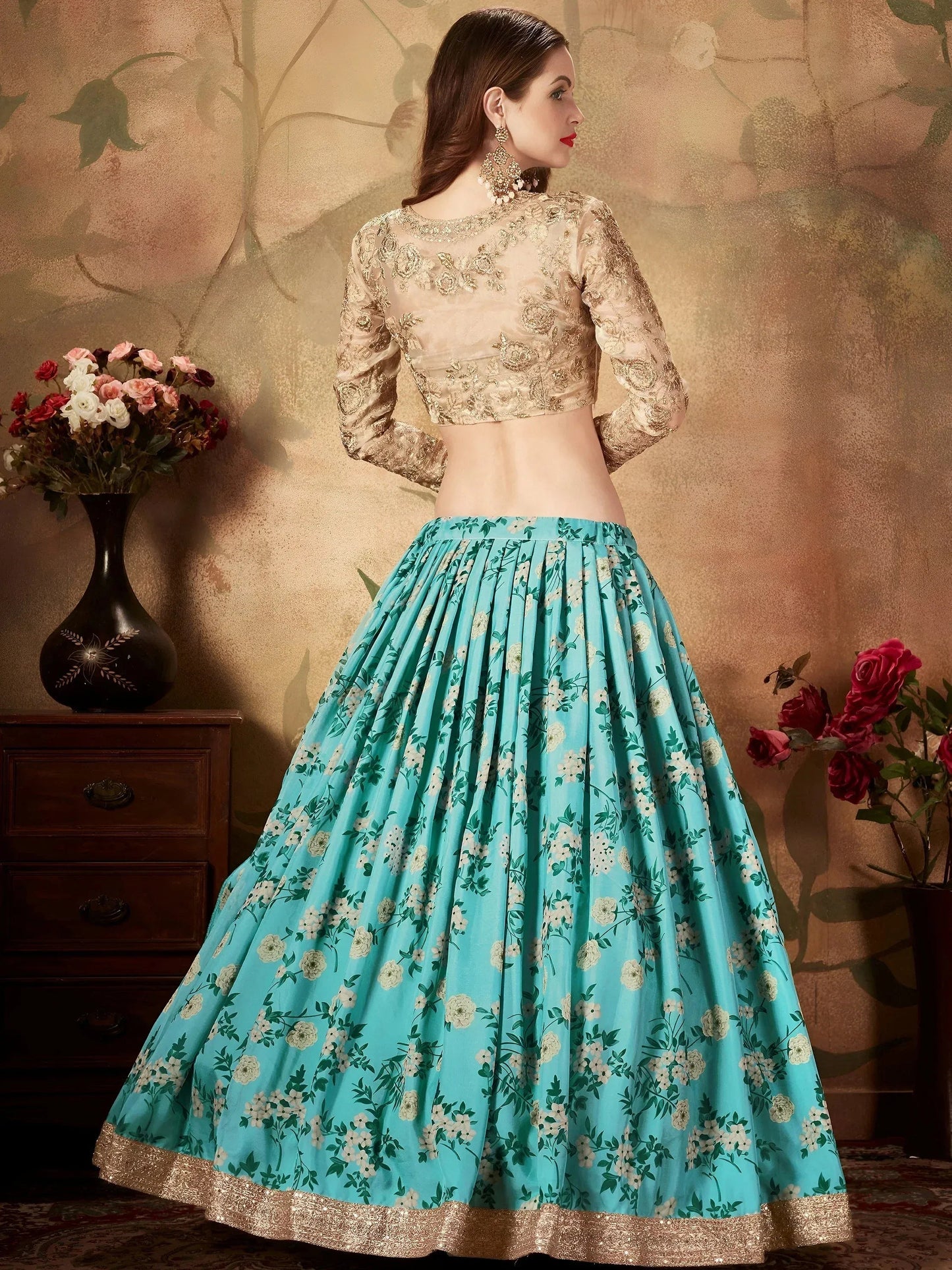 Tulsi Art Sky Blue Floral Digital Printed Organza Wedding Wear Lehenga Choli