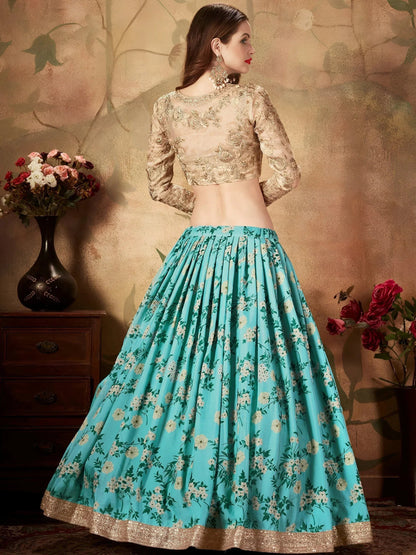 Tulsi Art Sky Blue Floral Digital Printed Organza Wedding Wear Lehenga Choli