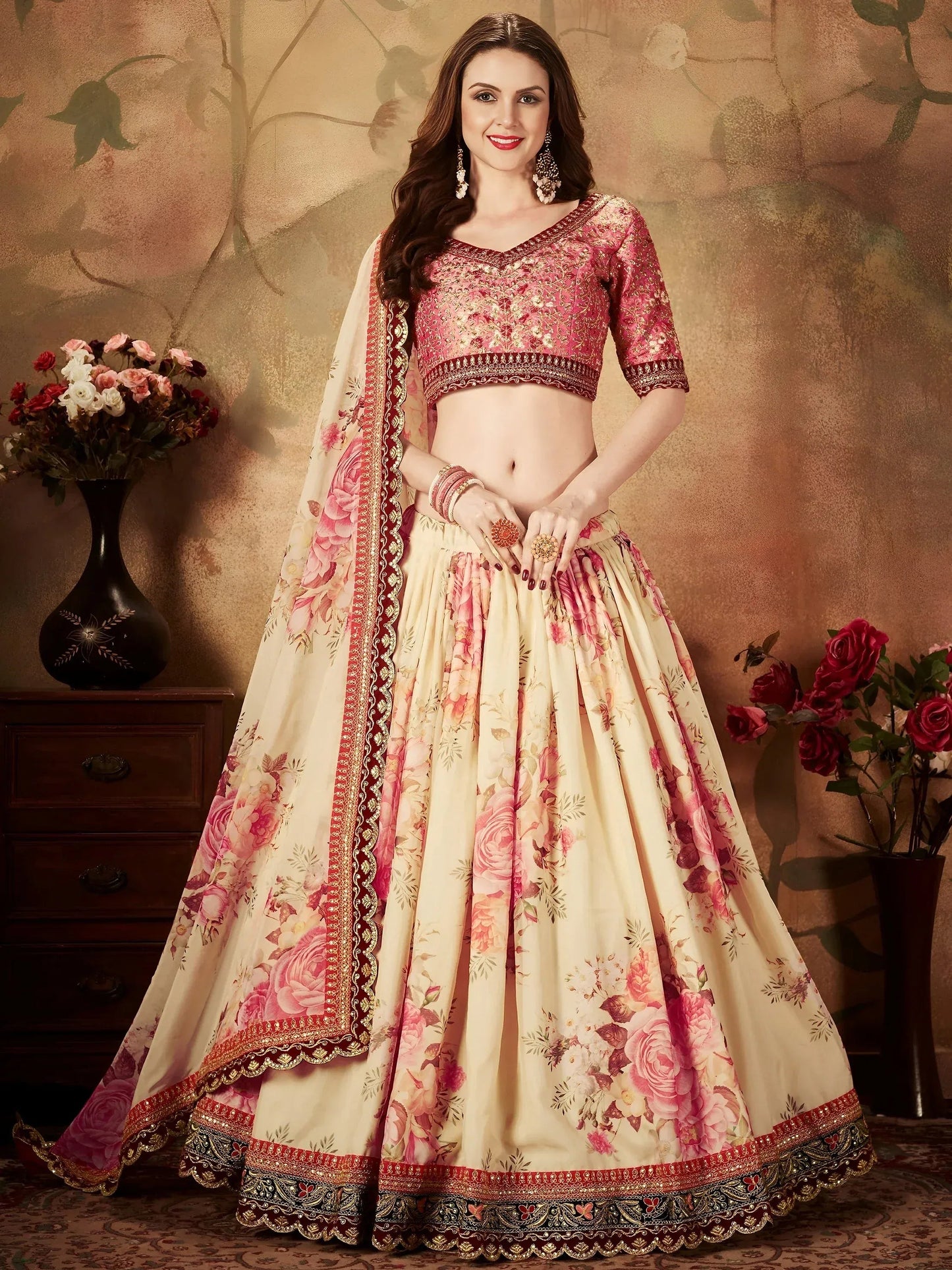 Tulsi Art Off White Floral Digital Printed Organza Bridal Lehenga Choli