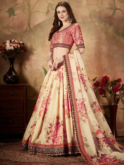 Tulsi Art Off White Floral Digital Printed Organza Bridal Lehenga Choli