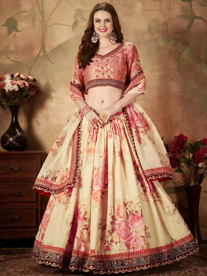 Tulsi Art Off White Floral Digital Printed Organza Bridal Lehenga Choli