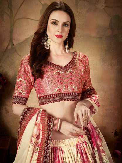 Tulsi Art Off White Floral Digital Printed Organza Bridal Lehenga Choli