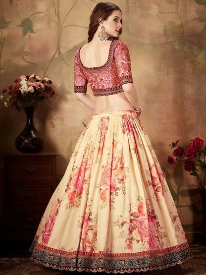 Tulsi Art Off White Floral Digital Printed Organza Bridal Lehenga Choli